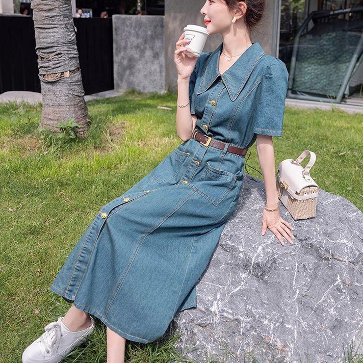 데일리 휴가룩 하늘색 데님 롱 청 원피스 코디 꾸안꾸 A06