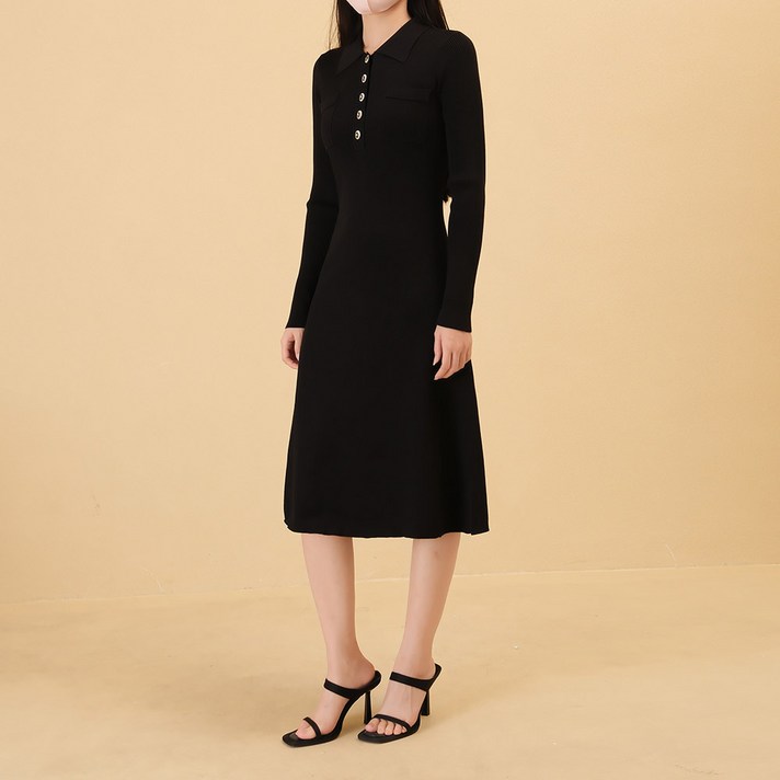 HIP39 긴팔 슬림 카라넥 단추 골지 롱원피스