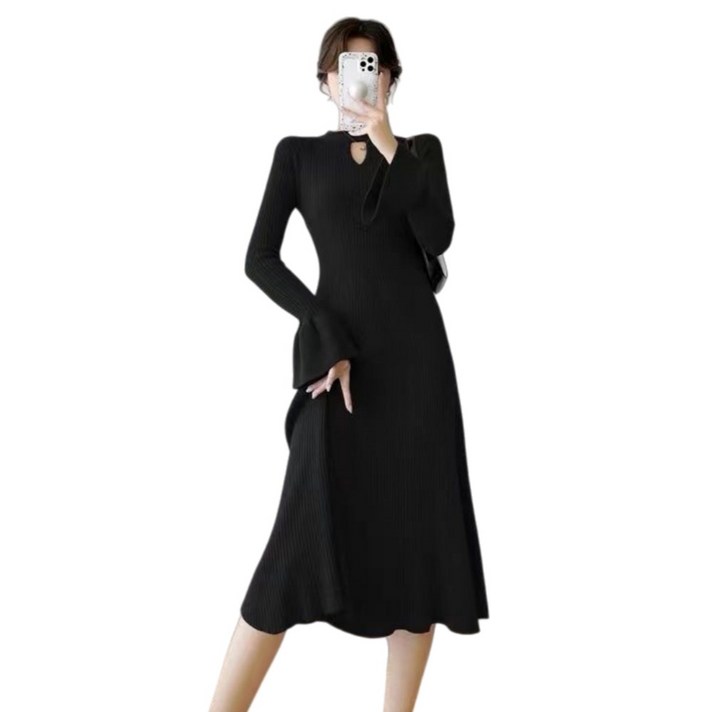 Makone 여성 반폴라 슬림핏 플레어 소매 A라인 빈티지 롱 니트원피스