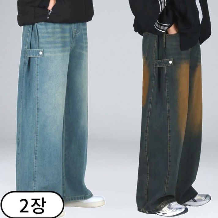 11 남녀공용 사이드 턱 스냅 버튼 밴딩 와이드 청바지 66882