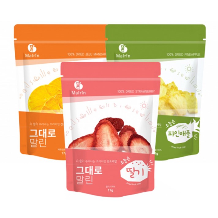 [그대로말린] 생과일보다 맛있는 건조과일칩 3종 2호(딸기 감귤 파인애플), 3봉