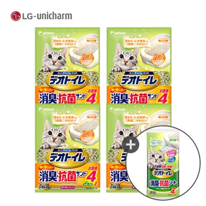 유니참 데오토일렛 사막화 방지 고양이 모래4L X 4팩 + 패드4P