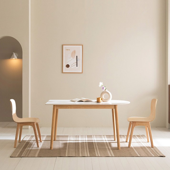 월넛세라믹식탁 카도 통세라믹 1400 반타원 식탁 + 밀키의자 2p 2인용 방문설치, 식탁(퓨어화이트), 의자(밀크네추럴)
