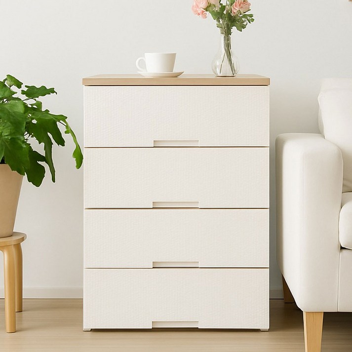 보노하우스 국내 제조 라탄플러스 우드상판 서랍장, 모던 화이트, 4단