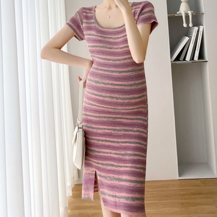 핫썸머 컬러풀 스트라이프 절개 임산부 반소매 골지 원피스