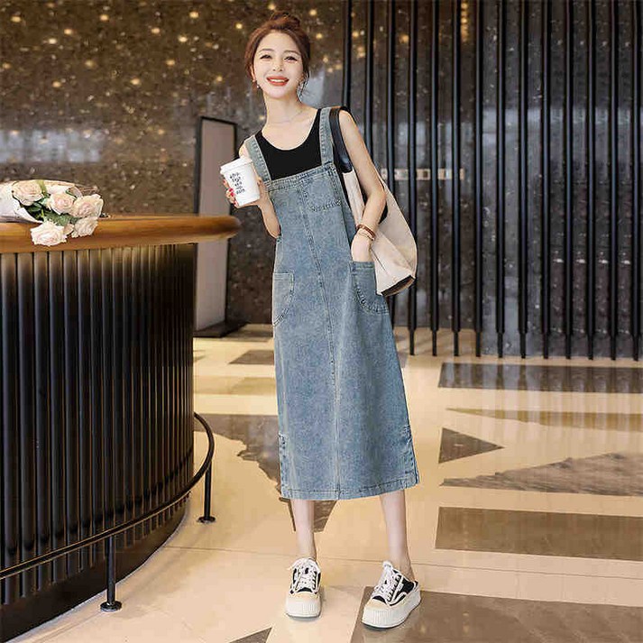 여성용 데일리 청원피스 루즈핏 민소매 미디 데님 멜빵 원피스