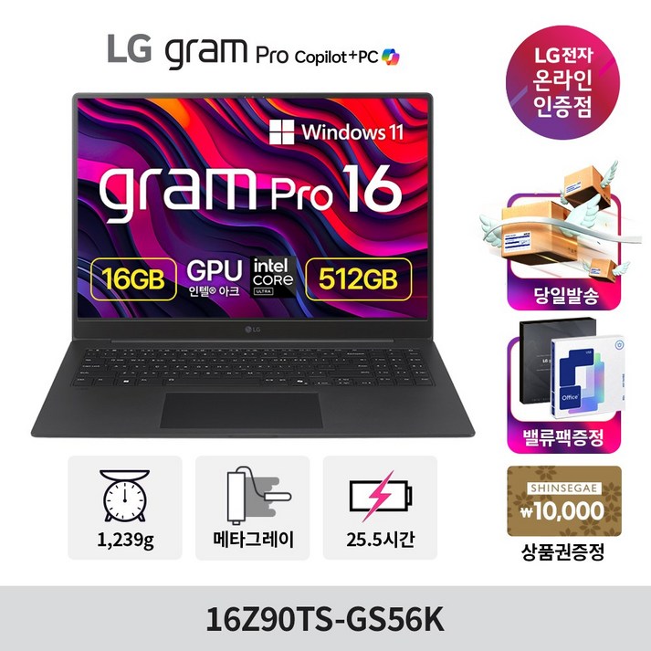 LG전자 2025 그램 프로 AI 16 코어Ultra5, 메타 그레이, 512GB, 16GB, WIN11 Home, 16Z90TS-GS50K
