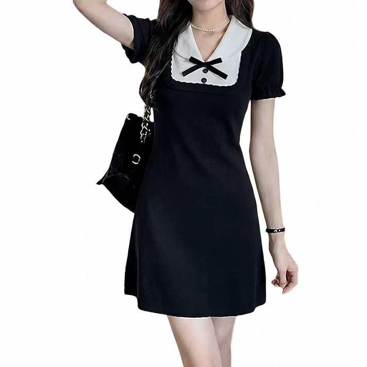 여성용 배색 카라 반팔니트 원피스 DH1L20241