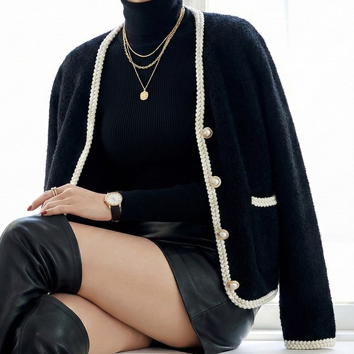 포씨 여성 겨울 니트 가디건 브이넥 트위드 부클 버튼 루즈핏