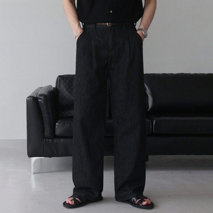 베이직바이블 논페이드 생지 투핀턱 와이드 데님 팬츠2color