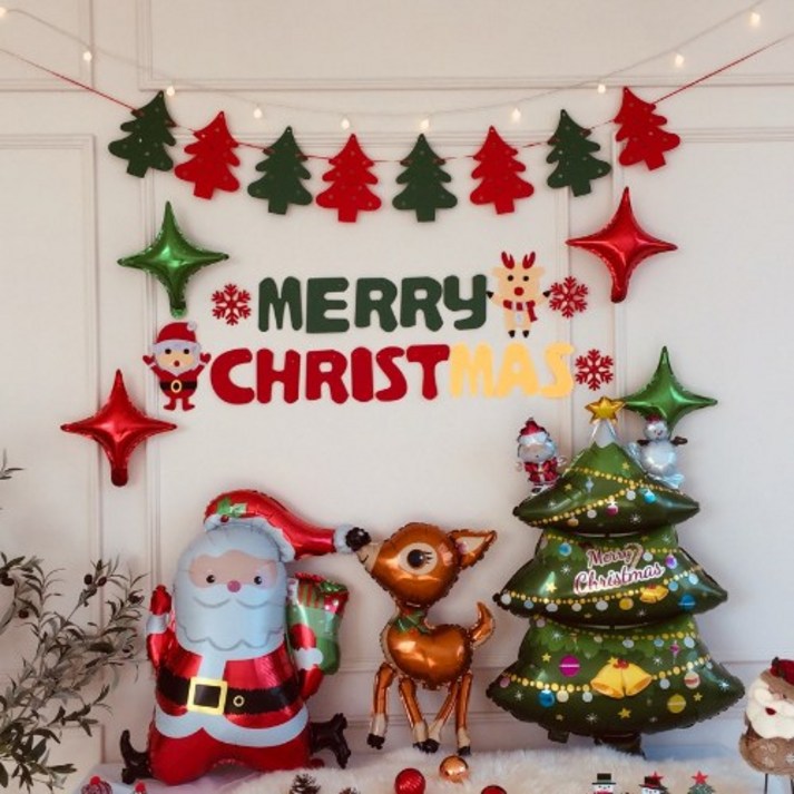 파티프렌즈 크리스마스 풍선 세트 가랜드 홈파티 (앵두전구 포함), 기본세트B+루돌프+산타+트리 20230205