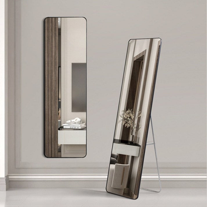 무타공마켓 슬림베젤 라운드 전신거울 400 스탠드 벽걸이 대형 인테리어 현관 거울, 블랙