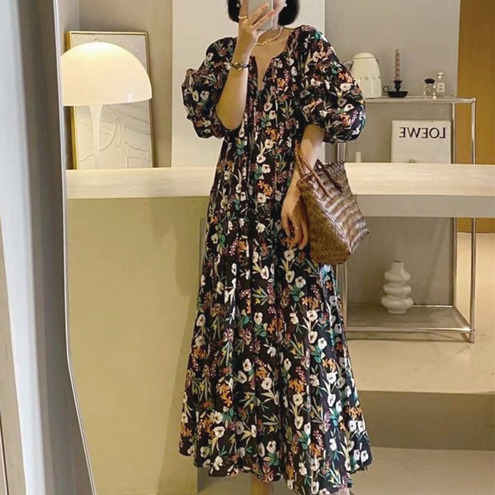 세인트이브 OB5512 퍼프소매 꽃무늬 쉬폰 원피스