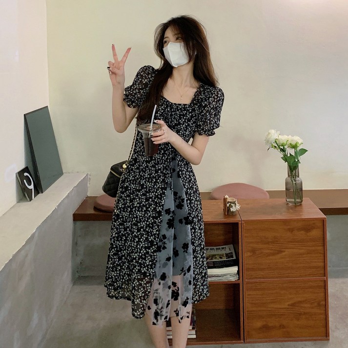 반팔 쉬폰 배색 빅사이즈 롱 원피스