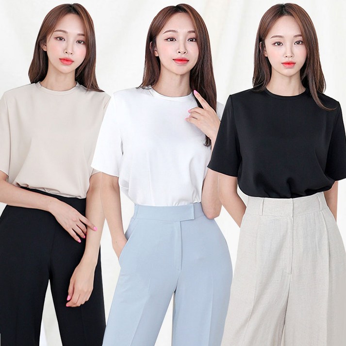 여성 고급 티셔츠 반팔 라운드넥 스판 남방 정장 이너 [찰랑]