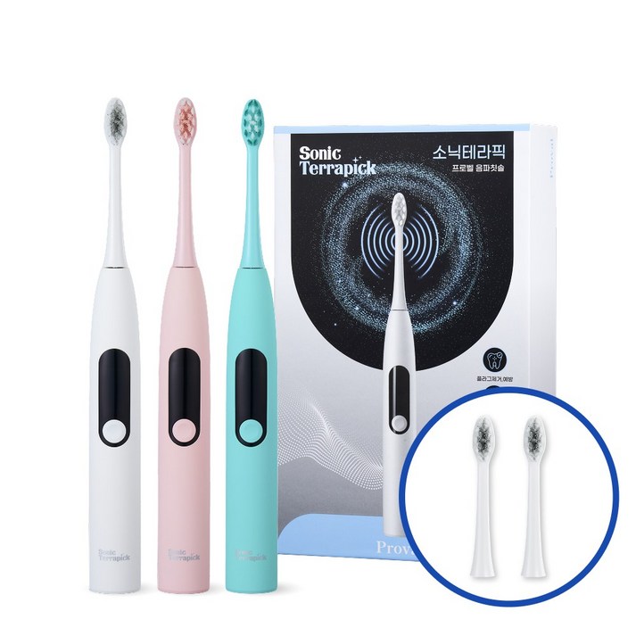 치과약국추천 프로벨 음파전동칫솔 고급모델 5가지모드 방수 칫솔모2개, 2개, 화이트민트, 소닉테라픽