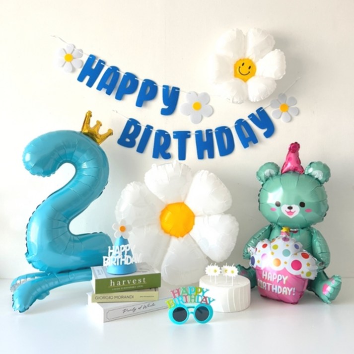 하피블리 크라운 숫자풍선 생일초 블루 생일파티용품세트, 생일가랜드(블루)숫자2