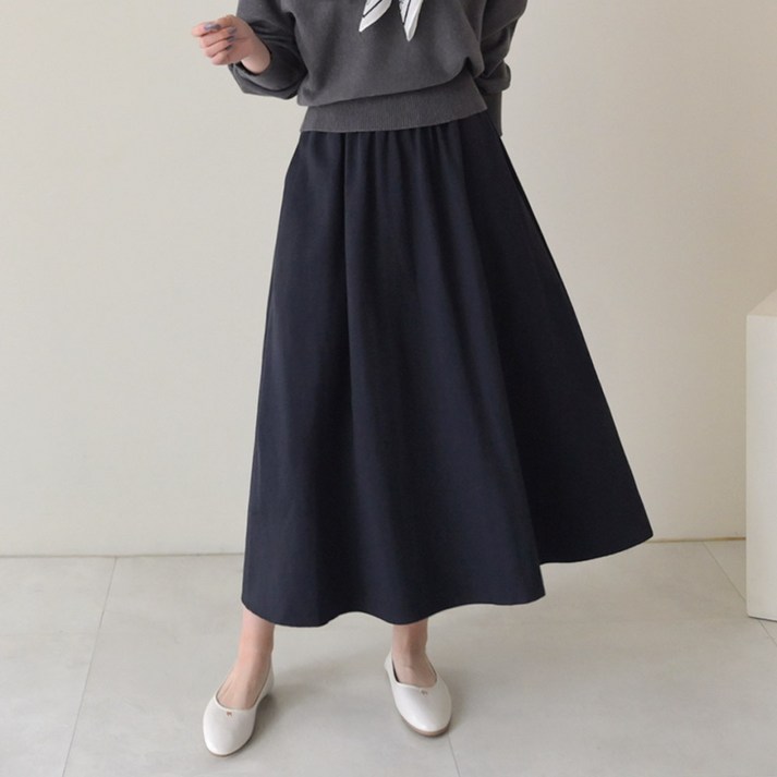 데일리앤 멜버른 풍성한 플레어 밴딩 롱 스커트 하비 커버 코튼 베이직 고무줄 치마 캐주얼