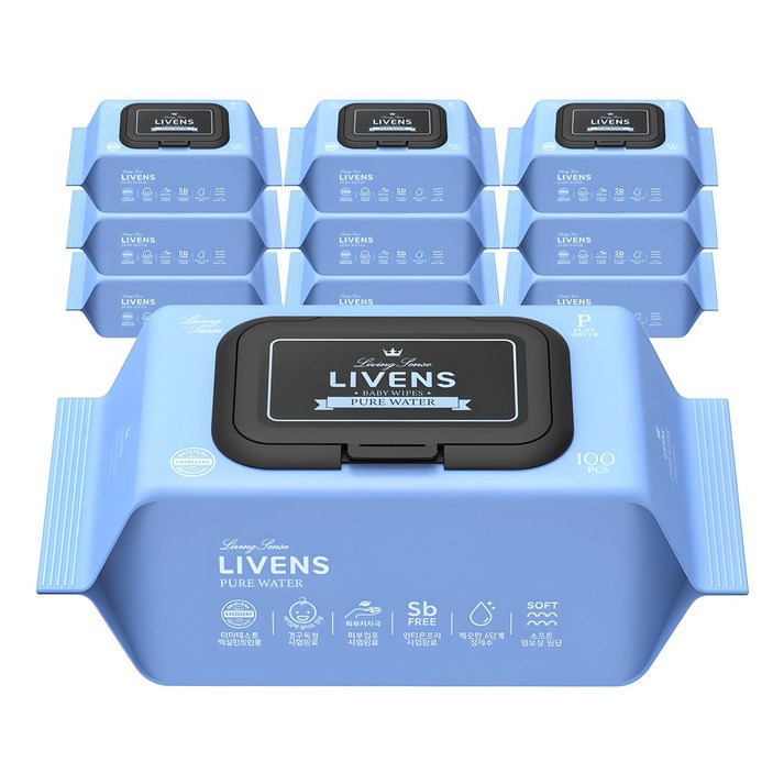 리벤스 퓨어워터 아기물티슈 엠보싱 캡형, 10개, 100매, 50g