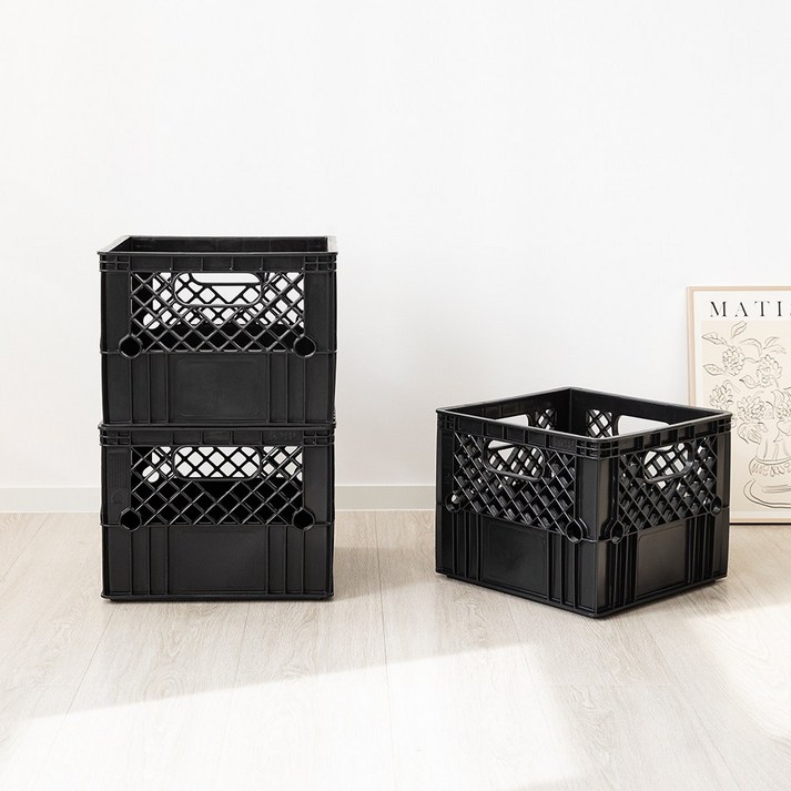 비스토어 우유박스 플라스틱 펜트리 수납 정리함 박스 3P SET, 3개, 1단, 블랙