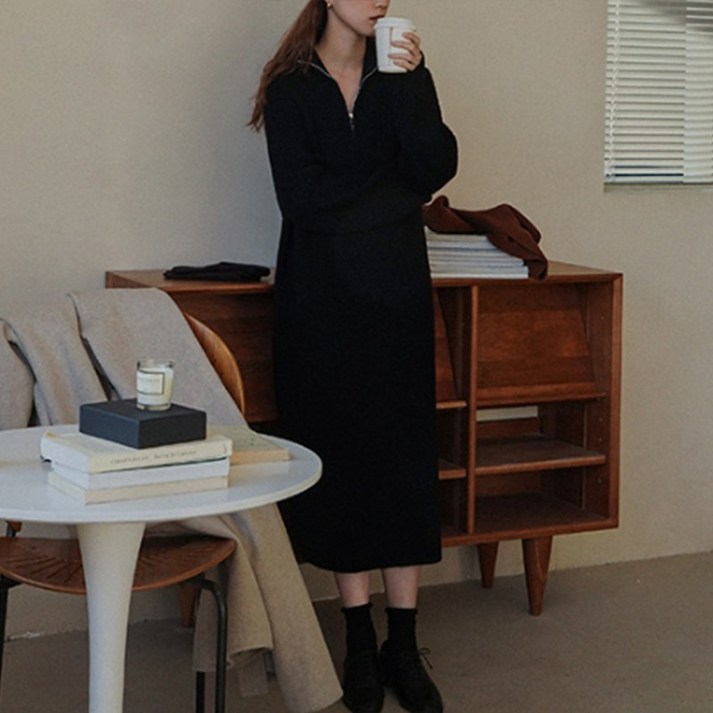 크레스티 여성 루즈핏 골지 니트원피스 카라넥 반집업 롱 원피스