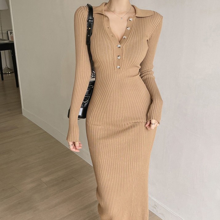 시크힐즈 슬림핏 가비 카라 단추 롱 니트원피스 00885