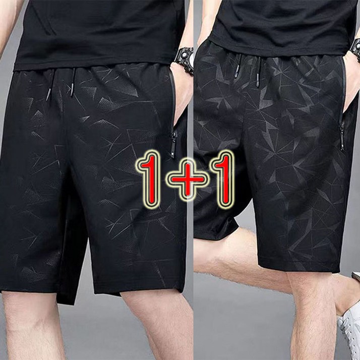1+1 / 2장 세트 속건 5부 바지 트레이닝바지 캐주얼 밴딩 팬츠 남자 카무플라주 반바지 빅사이즈 여름 반바지 슬랙스 운동반바지  WAWAMIYA