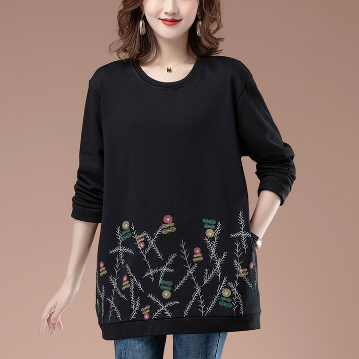 타임퓨어 예쁜 여성 빅사이즈 프린팅 맨투맨 긴팔티 오버핏 데일리 라운드 맨투맨 엄마옷 가을상의