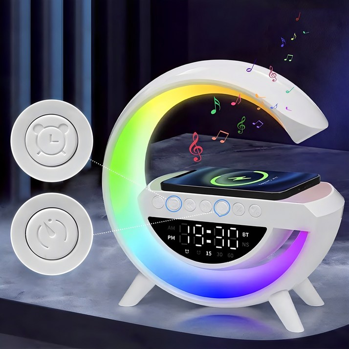 SMABAT 휴대폰 무선 충전 블루투스 스피커 LED 무드등 탁상 시계 디스플레이 시계 알람