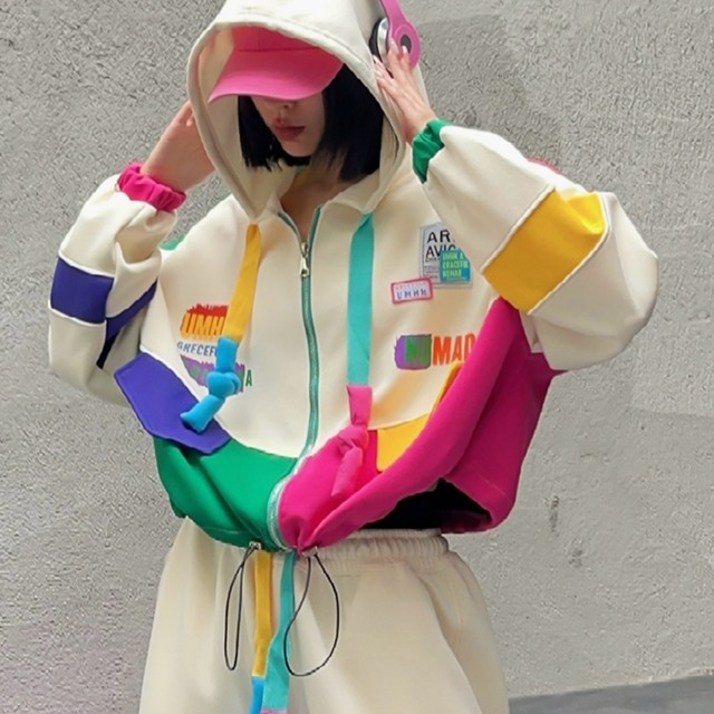 여성 캐주얼 컬러 배색 레터링 후드 허리 스트링 집업 점퍼 자켓