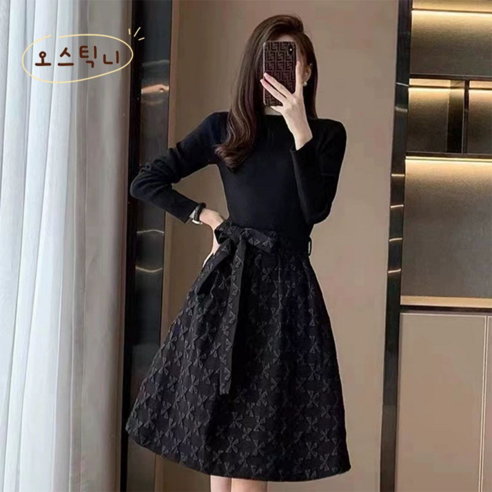 오스틱니 2025 신상 여성 봄가을 날씬해 보이는 디자인 감각 외출용 밴드 긴팔 원피스