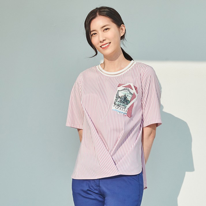 지센 여성 프린트 스트라이프 티셔츠 LFTSL401PK