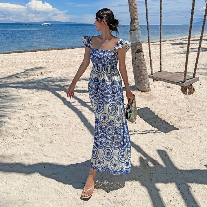 비치팜프리다 펀칭 원피스 여성 밴딩 레이스 나시 민소매 비치 드레스