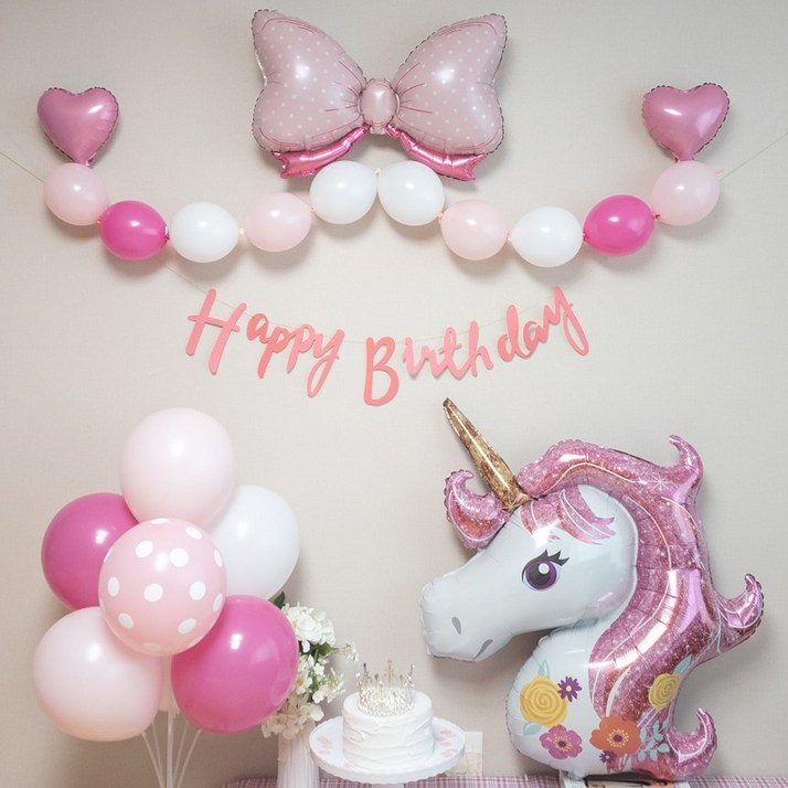 연지마켓 생일풍선 생일파티용품 리본풍선 세트, 핑크 대형유니콘 세트