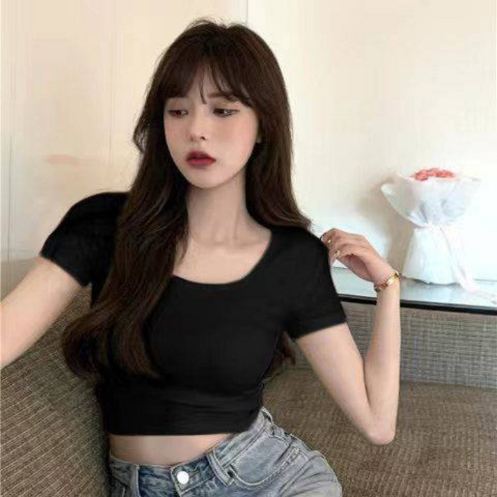 티셔츠 여 여름 ins 화이트 슬림 쇼트 크롭 순욕 스윗 슬림 반팔 상의 2024 신상