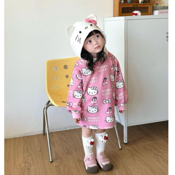 라움리에 여아 귀여운 딸기우유 핑크 키티 후드 원피스