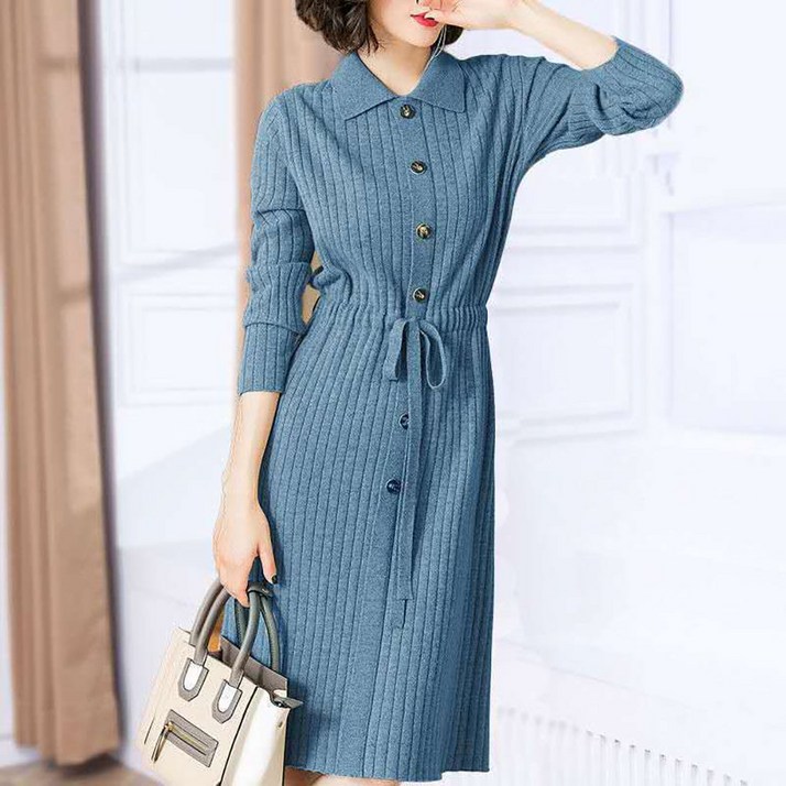 ROYALBELLE 여성 니트 슬림핏 긴팔 카라넥 단추 스트랩 A라인 미디 원피스 S090302