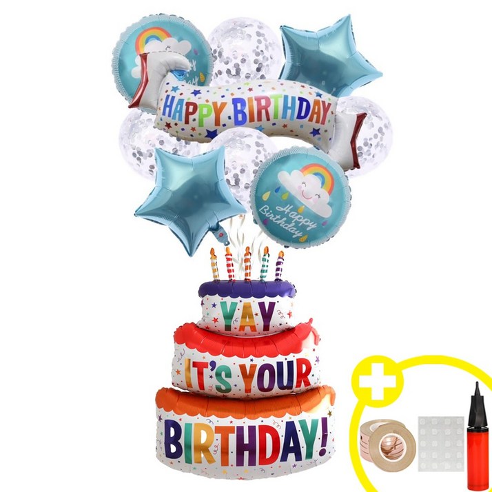 3단 케이크 스타 은박 혼합풍선 생일파티 인생샷 포토존 연출템 4옵션 파티용품 에브리띵스마일 1224, 1세트, 스카이블루