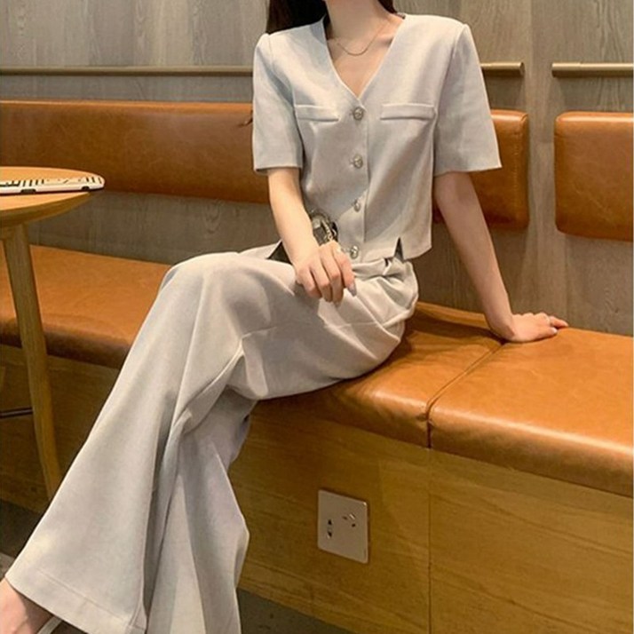 Asure 여름 트위드 반팔 브이넥+와이드팬츠 슬림핏 출근룩