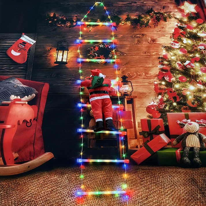 led 사다리 타는 산타 줄타는 산타할아버지 인형 소품 크리스마스 벽 트리 장식 오브제, USB사다리산타 3M-레인보우, 1개
