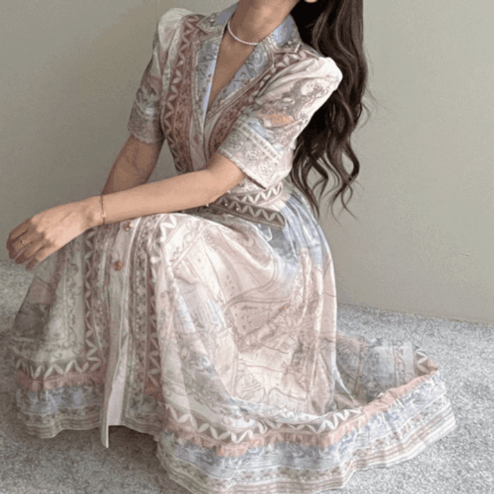 엘린무드 마클라쎼 노방 오간자 벌룬 퍼프 자수 브이넥  A라인 플레어 롱 벨트 짐머 여신 촬영용 원피스