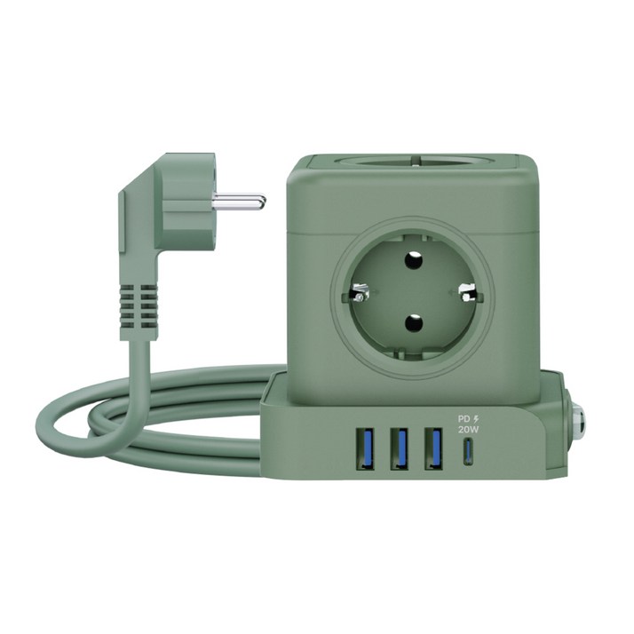 일렉온 큐브 멀티탭 5구 멀티콘센트 USB C PD 고속충전 절전스위치 리드선 ECU513, 1개, 그린, 1.8m