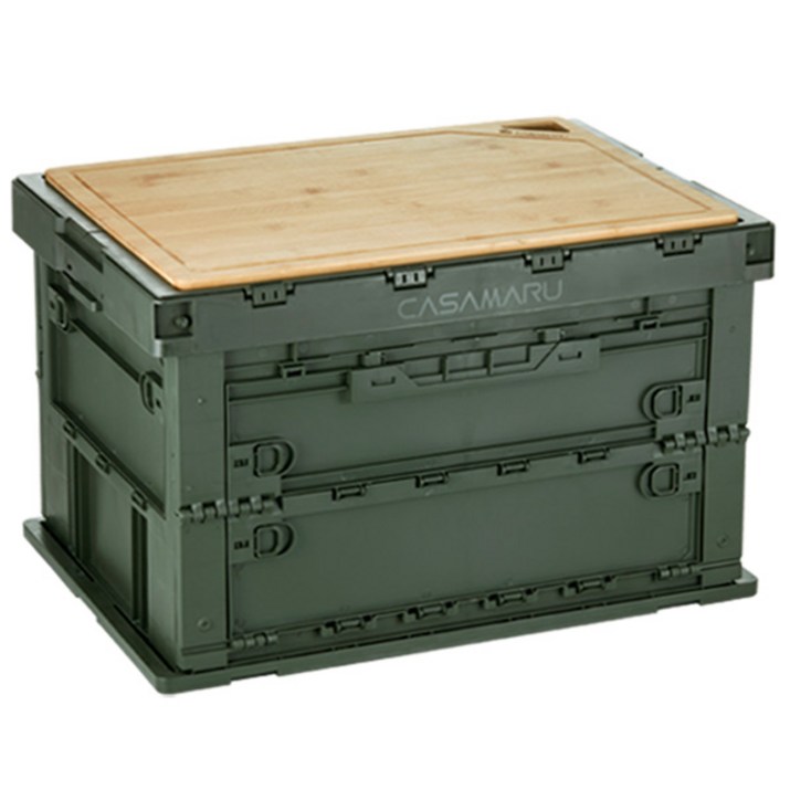 까사마루 대용량 캠핑 폴딩 박스 75L 1P + 원목 상판 1P, 카키, 1세트 5618737180
