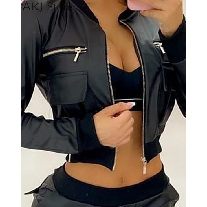 여성 숏 크롭 라이더 가죽 레더 자켓 지퍼 포켓 디자인 긴팔