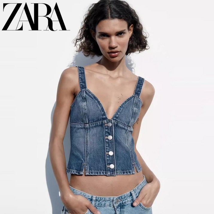 ZARA 여성 데님 민소매 슬림탑 캐주얼 청조끼 뷔스티에 레이어드룩 8197062 401