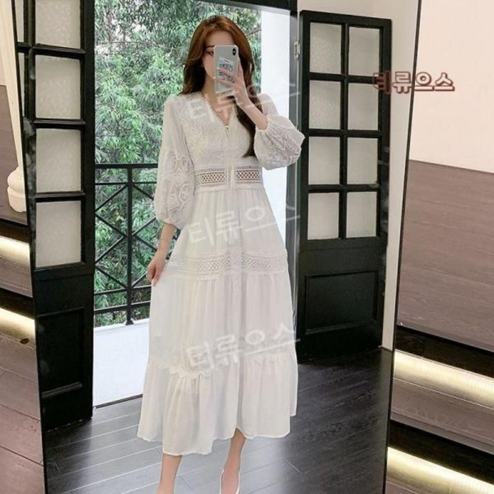 시크한 섬세한 여성 원피스 롱 카라 블랙 레니본 패턴 숏 빅사이즈 하객 데님