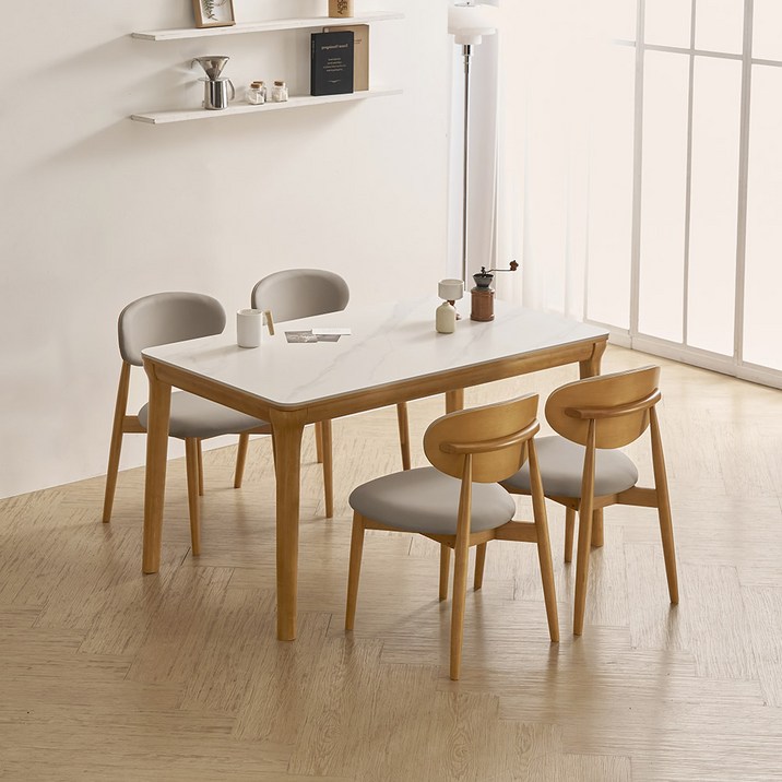 라로퍼니처 보나 1400 포세린 통 세라믹 원목 식탁 + 의자 4p 세트 4인용 방문설치, 화이트(상판), 내추럴(원목), 일반의자 4