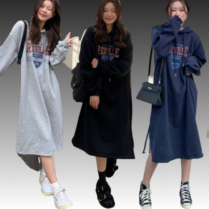 따뜻 여자 후드 원피스 기모 영문 편안한 트임 캐주얼 겨울