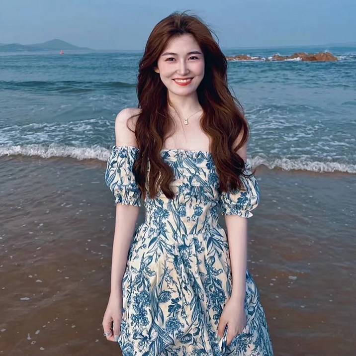 크레스티 여성 오픈숄더 플로럴 여름 원피스 일상 일자 어깨 비치웨어 롱 휴양지 원피스