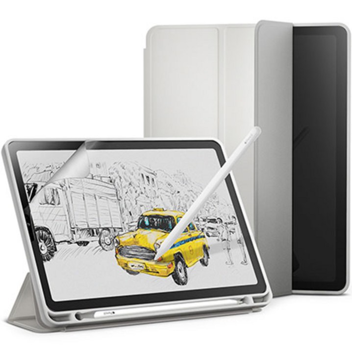 신지모루 스마트커버 애플펜슬 수납 태블릿PC 케이스 + 종이질감 액정보호 필름 세트, 웜 그레이 20230809